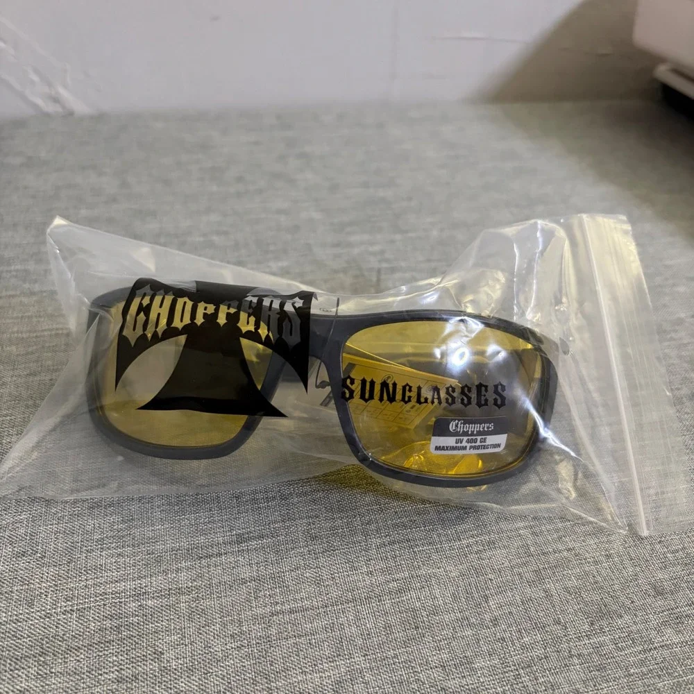 Choppers Sunglasses Mens OS Matte Black Yellow Lens Biker Riding Wrap Glasses